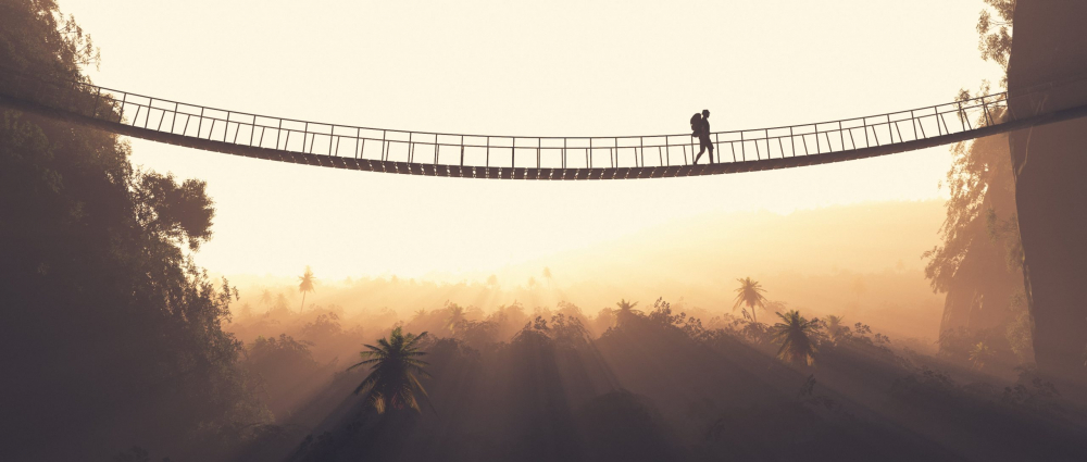 Man rope passing over a bridge suspended between mountains. This is a 3d render illustration."n