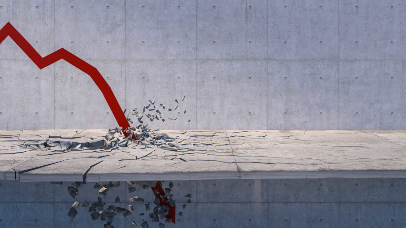 3d rendering of red financial arrows broke concrete floor